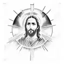 Jesus in the clouds with a glowing cross with the verse 2 Chronicals 15:7 behind him. tattoo design idea