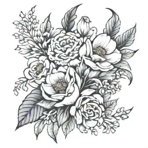 Floral bouquet tattoo with December,June and August birth flowers tattoo design idea