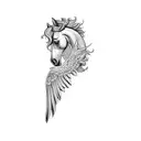 a horse with wings and shadows with red  flowers tattoo design idea