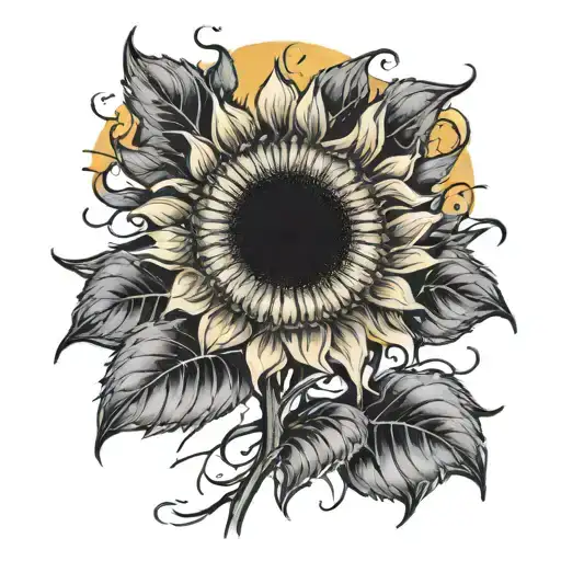 A sunflower coming out of the ground with the sun coming out form behind dark clouds tattoo design idea
