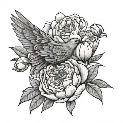 peonies dove of peace tattoo design idea