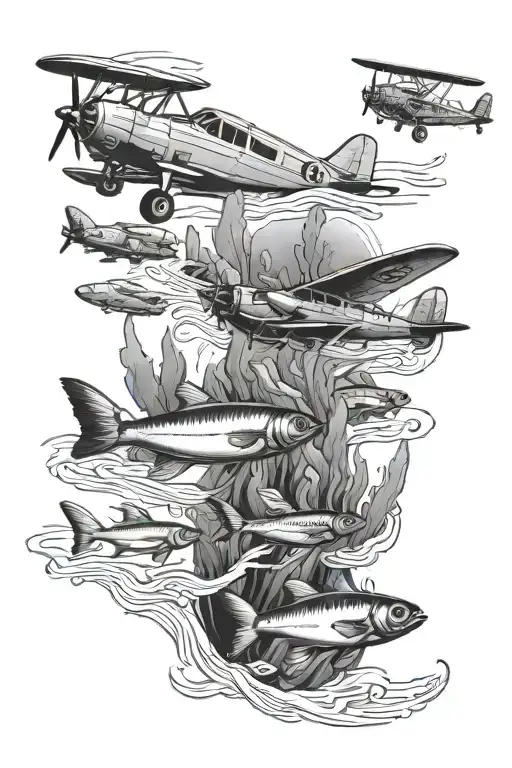 A black-grey tattoo of a family of fish swimming together in formation, with a vintage airplane flying overhead, symbolizing the client's love for family, fishing, and aviation tattoo design idea