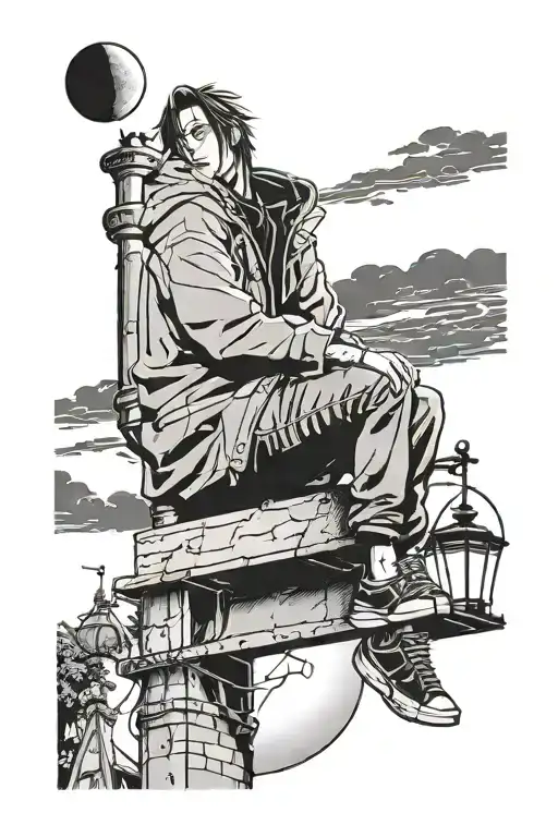 itachi uchiha sitting on top of streetlight with the moon behind him but the moon is a basketball instead tattoo design idea