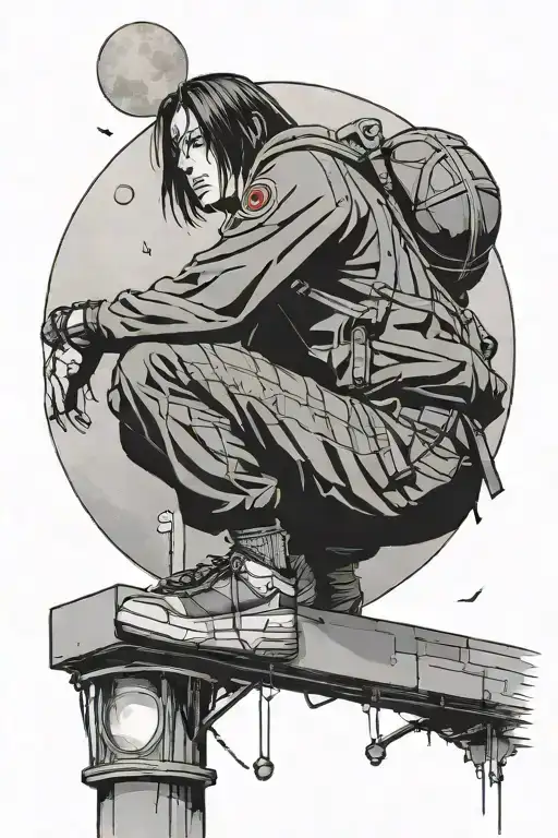 itachi uchiha sitting on top of streetlight with the moon behind him but the moon is a basketball instead tattoo design idea