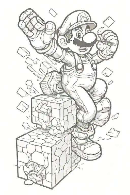 Video game character mario smashing a mystery block with 2 yoshi coming out of the block tattoo design idea