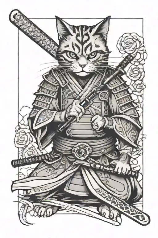 cat Samurai holding katana with 2 hands pointed towards the viewer tattoo design idea
