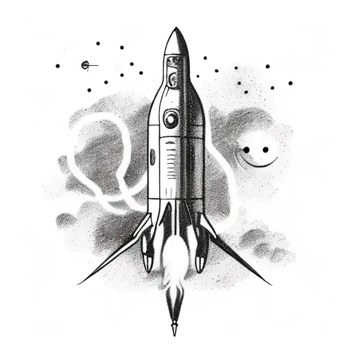 Sketch-style depiction of a rocket ship with thread-like smoke trails tattoo design idea