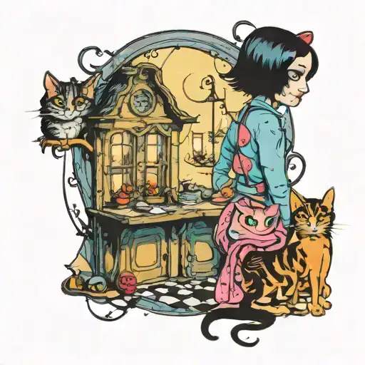 coraline with cat, the other mother, the door to the other world and the show mice from the other world tattoo design idea