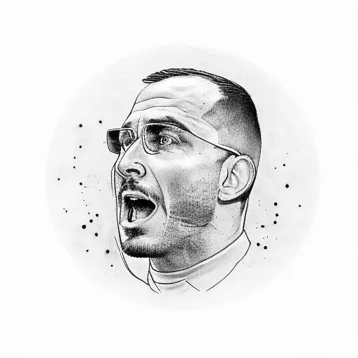 A portrait of a football coach giving a motivational speech, with the words 'In God We Trust' incorporated into the background tattoo design idea