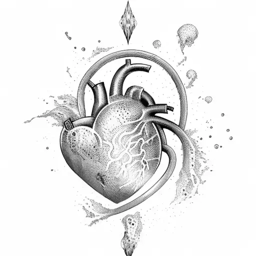 anatomic heart with waves and volcano tattoo design idea