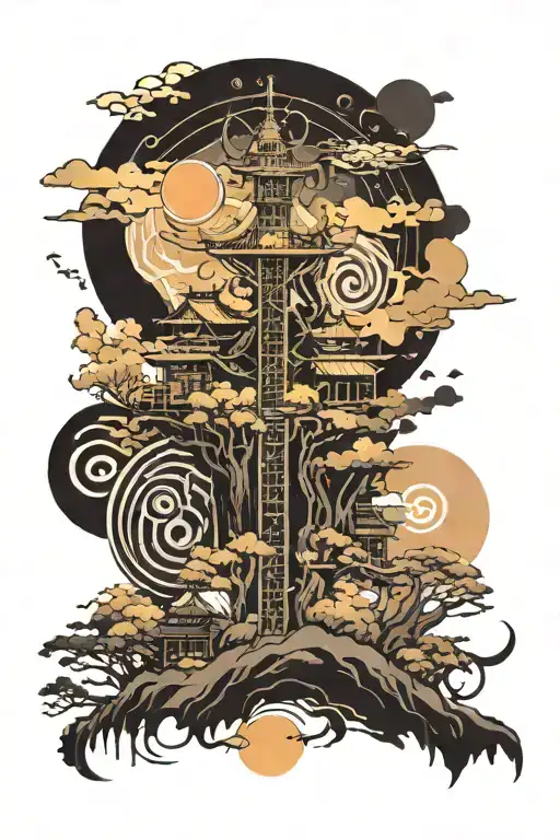 A mystical anime-inspired landscape with heavy music symbols scattered throughout, representing your passion for heavy music and traveling tattoo design idea