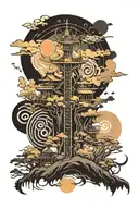 A mystical anime-inspired landscape with heavy music symbols scattered throughout, representing your passion for heavy music and traveling tattoo design idea