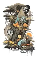 A mystical anime-inspired landscape with heavy music symbols scattered throughout, representing your passion for heavy music and traveling tattoo design idea