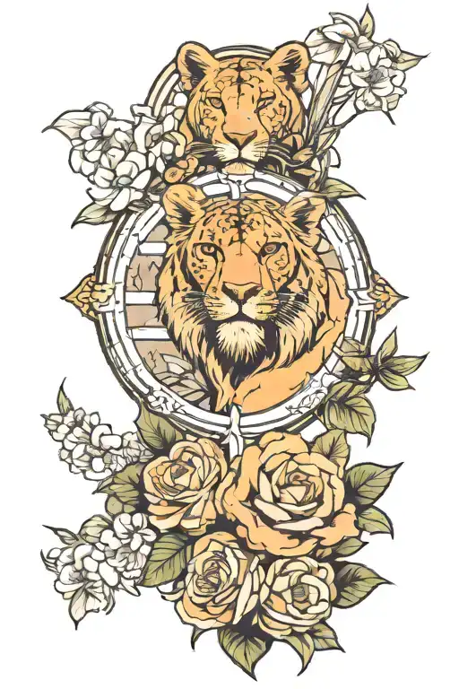 cross surrounded by gardenias blooming and lioness and mountains  tattoo design idea