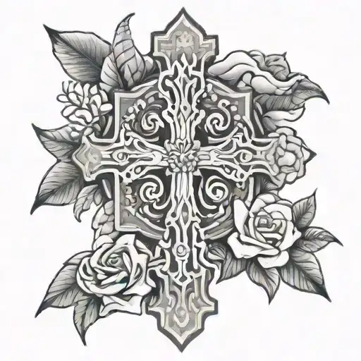 cross surrounded by gardenias with mountains and lions  tattoo design idea