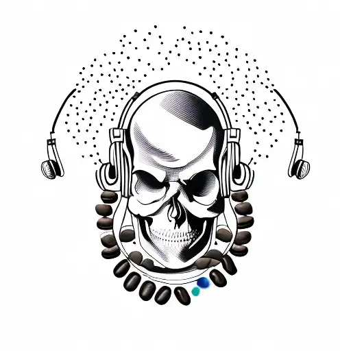 A minimalist tattoo of a skull wearing headphones with coffee beans as eyes tattoo design idea