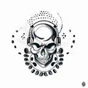 A minimalist tattoo of a skull wearing headphones with coffee beans as eyes tattoo design idea