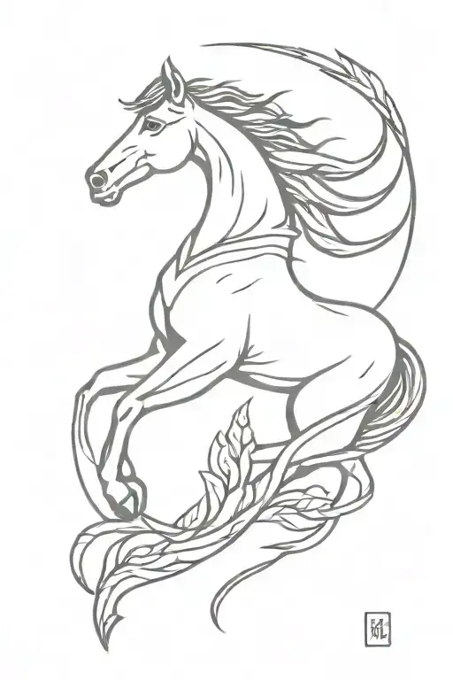 horse intertwined with plantain leaf, cooking symbols and celestial symbols tattoo design idea