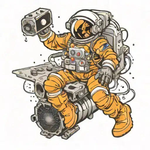 astronaut riding on a subwoofer through space tattoo design idea