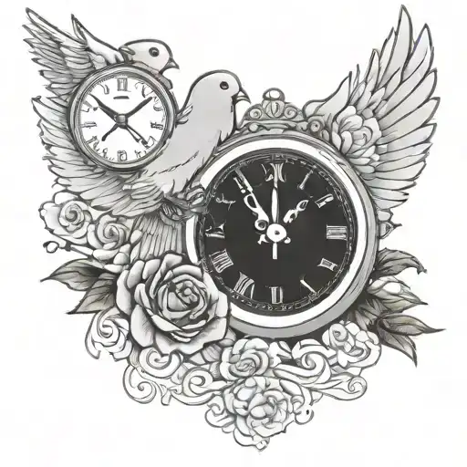Memorial clock dove roses cancer awareness symbol  tattoo design idea