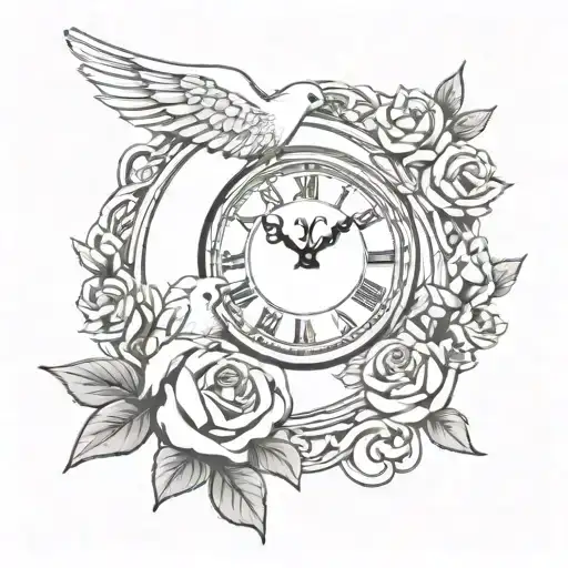 Memorial clock dove roses cancer awareness symbol intertwined tattoo design idea