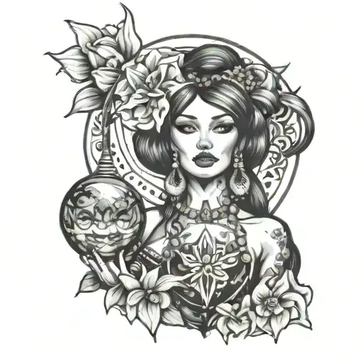 gypsy lady with big earrings with a crystal ball surrounded by lillies tattoo design idea