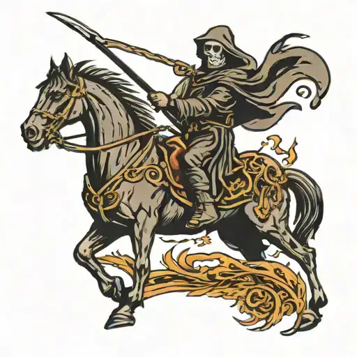 grim reaper with scythe riding a rearing horse  tattoo design idea