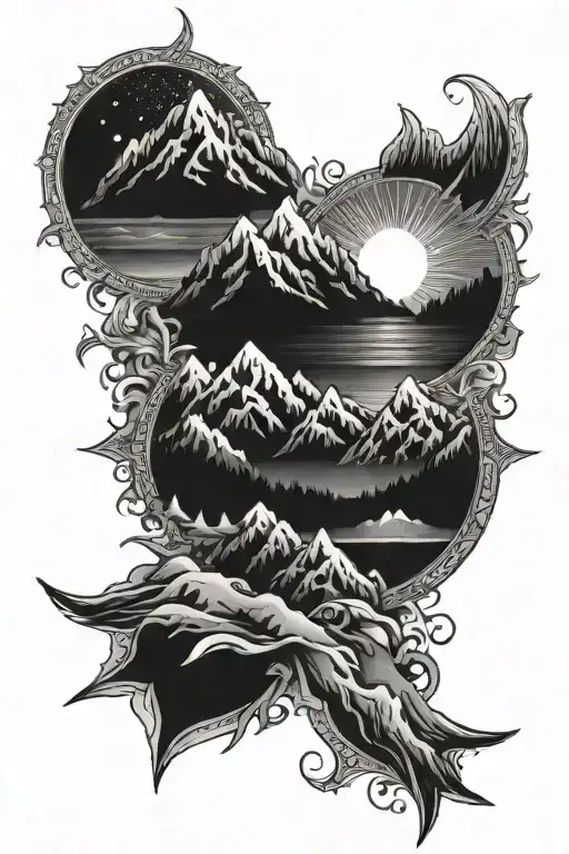 mountains oceans winters rivers stars mandala design tattoo design idea