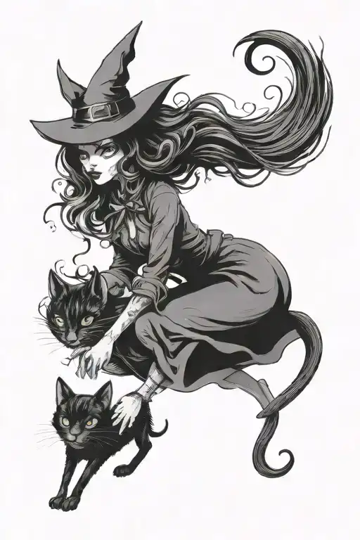 witch and black cat tattoo design idea