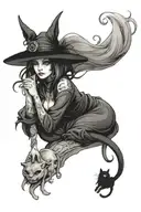 witch and black cat tattoo design idea