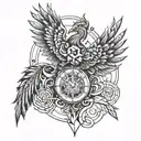 Clock burning with phoenix tattoo design idea