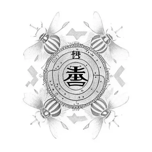 Ikigai japanese characters with the word NOW and a Bee flying tattoo design idea