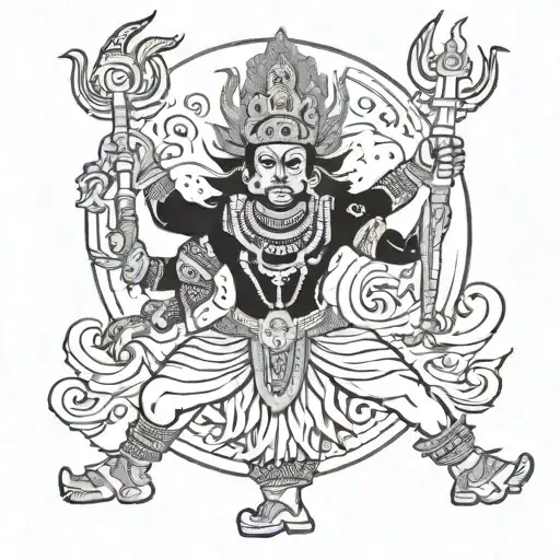 To create a tattoo design featuring Kaal Bhairav dancing with Goddess Kali, imagine the following scene:  "Kaal Bhairav, tattoo design idea
