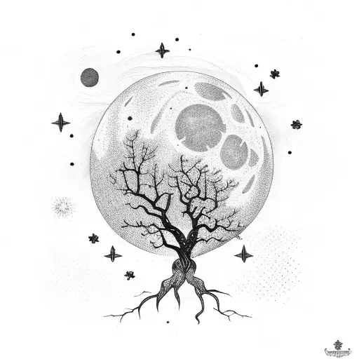 Tree with long roots and stars and the moon in the background.  tattoo design idea