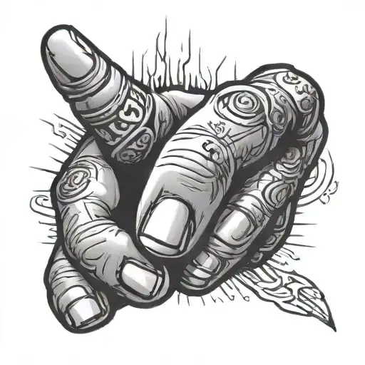 A tattoo of a middle finger. Instead of the middle finger, a burning joint is clamped in the fist. Black and white tattoo design idea