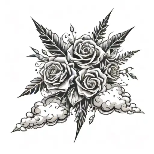 Cloud formations shaped like thunderbolts and adorned with flowers and diamonds tattoo design idea