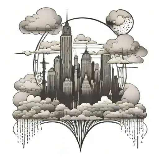 A cityscape tattoo with hidden Louis Vuitton logos among the buildings and clouds tattoo design idea