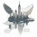 A city skyline silhouette with scriptures from the Bible integrated into the buildings tattoo design idea