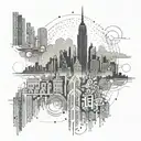 A city skyline silhouette with scriptures from the Bible integrated into the buildings tattoo design idea