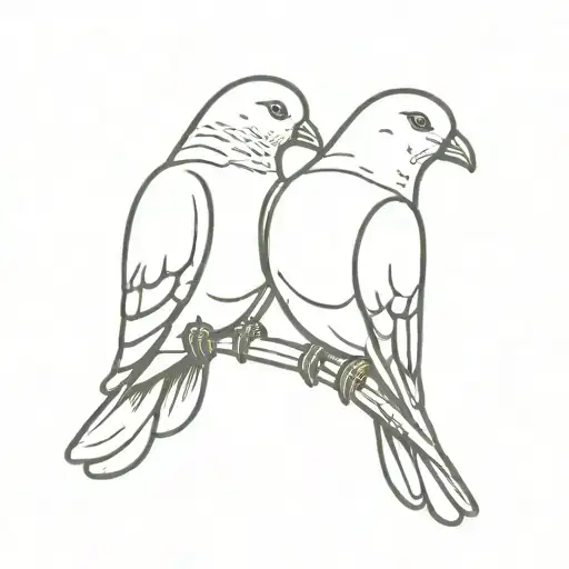 Two pigeons cuddling one of them is taller and has astronaut helmet other wear figure skates they touching their beaks.  tattoo design idea