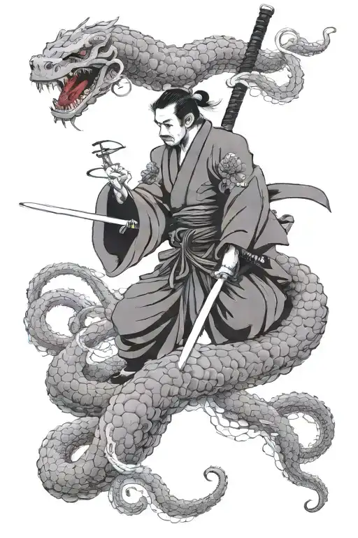 2 samurai on a bridge fighting giant octopus tentacles tattoo design idea