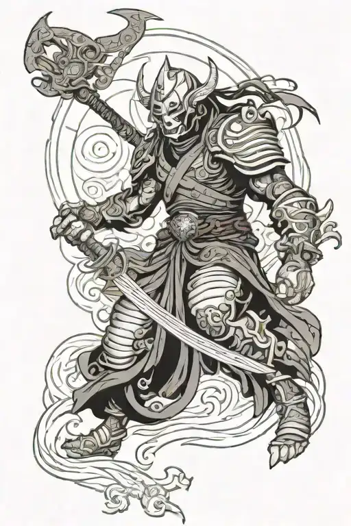 A tattoo of Yoshimitsu in a neotraditional style with a touch of Phyrexia influence tattoo design idea