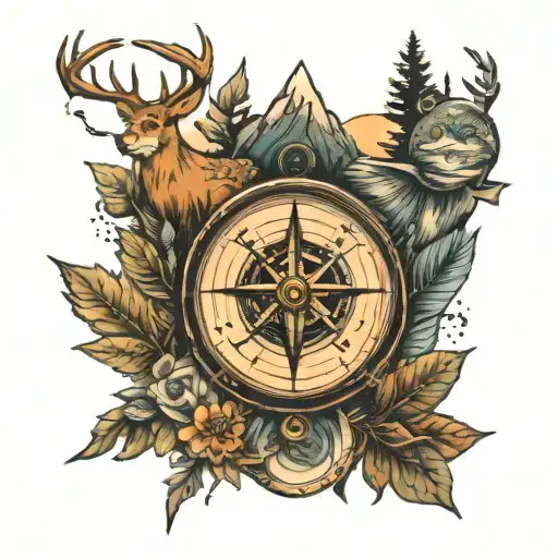 compass leaf  nature fishing mountains River deer bear tattoo design idea