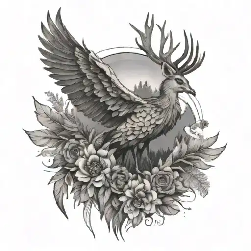 phoenix with peacock feather and make deer by mountain and pine trees  tattoo design idea