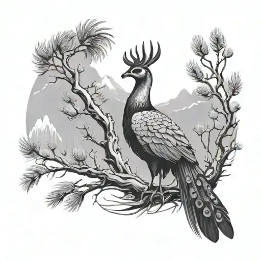 phoenix with peacock feather with male deer by mountain and pine trees  tattoo design idea
