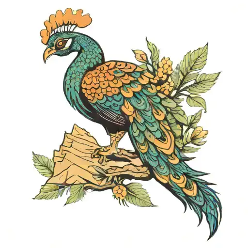 phoenix peacock pine trees mountains tattoo design idea