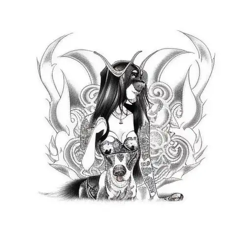 a gothic sexy succubus holding a doberman dog tattoo design idea