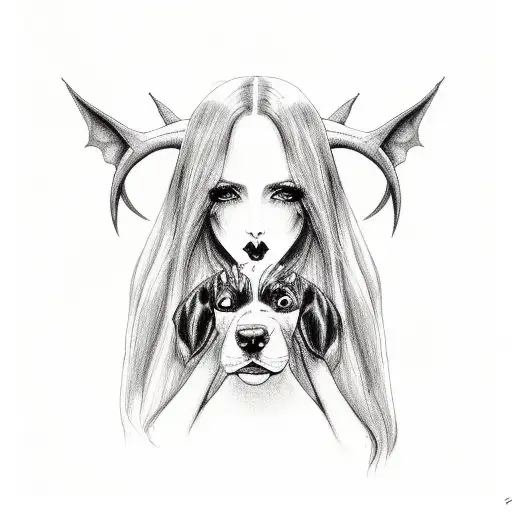 a gothic sexy succubus holding a doberman dog tattoo design idea