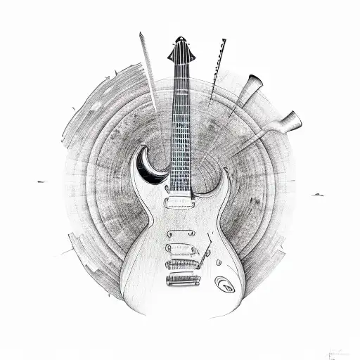 A guitar made of carpentry tools with waves crashing in the background tattoo design idea