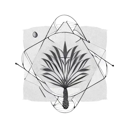 A palm tree with musical notes as leaves, surrounded by a geometric pattern inspired by carpentry tools tattoo design idea